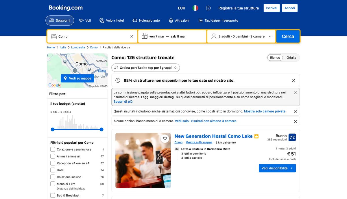 Booking.com search results page for Como