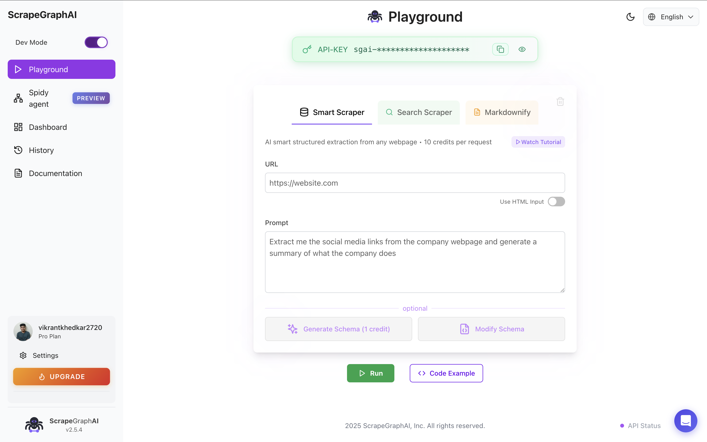 ScrapeGraphAI dashboard interface